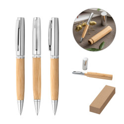 FUJI. Stylo bille en bambou et métal avec étui en ABS personnalisé