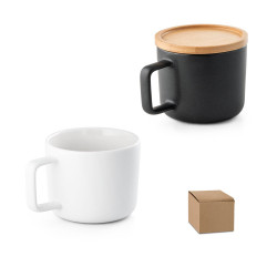 FANGIO. Tasse en céramique 250 ml avec couvercle et base en bambo